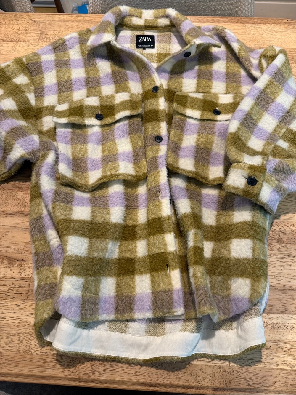 Zara Plaid Sherpa Shacket - Olive Green & Lavender